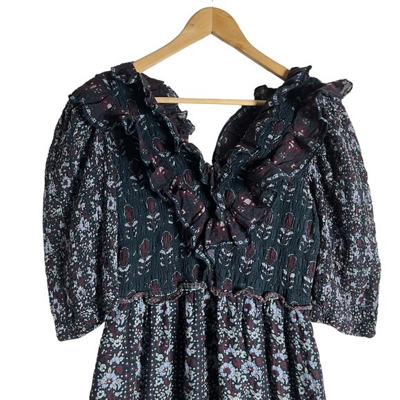 Sea Nadine Navy Blue Border Print Puff Sleeve Ruffled V-Neck Maxi Dress Size 14 - Picture 4 of 16